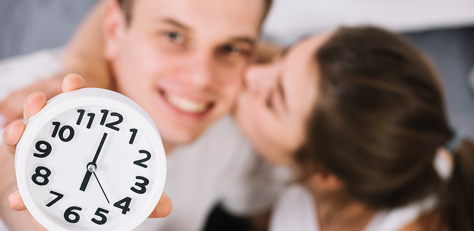 Glückliches Paar mit Uhr – Symbol für die ideale Dauer einer Kontaktsperre