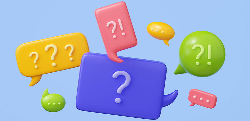 Bunte Sprechblasen mit Fragezeichen – Symbol für häufige Fragen zur Trostpflaster-Beziehung